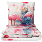 Kinderbettwäsche set "Flamingo Paradise". Kinderbettwäsche, 135/140x200 cm. Kinderbettwäsche mit rosa flamingos auf weißem hintergrund, die eine ruhige und verspielte atmosphäre schafft.
