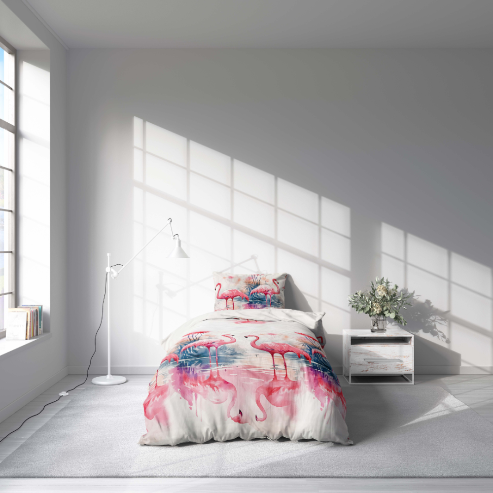 Kinderbettwäsche set "Flamingo Paradise". Kinderbettwäsche, 135/140x200 cm. Blumen und tropische palmen zusammen mit flamingos schaffen ein warmes und fröhliches design, perfekt für das kinderzimmer.