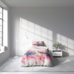 Kinderbettwäsche set "Flamingo Paradise". Kinderbettwäsche, 135/140x200 cm. Blumen und tropische palmen zusammen mit flamingos schaffen ein warmes und fröhliches design, perfekt für das kinderzimmer.