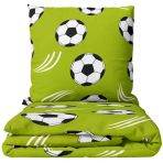 Kinderbettwäsche set "Football Frenzy". Orangene Bettwäsche, 100x140 cm, 135/140x200 cm. Kräftig grüne bettwäschegarnitur mit schwarz-weißen fußballmotiven Kinderbettwäsche set "Football Frenzy". Orangene Bettwäsche, 100x140 cm, 135/140x200 cm. Kräftig grüne bettwäschegarnitur mit schwarz-weißen fußballmotiven