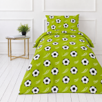 Kinderbettwäsche set "Football Frenzy". Orangene Bettwäsche, 100x140 cm, 135/140x200 cm. Grüne bettwäschegarnitur mit fußballmuster und weißen dynamischen akzenten Kinderbettwäsche set "Football Frenzy". Orangene Bettwäsche, 100x140 cm, 135/140x200 cm. Grüne bettwäschegarnitur mit fußballmuster und weißen dynamischen akzenten