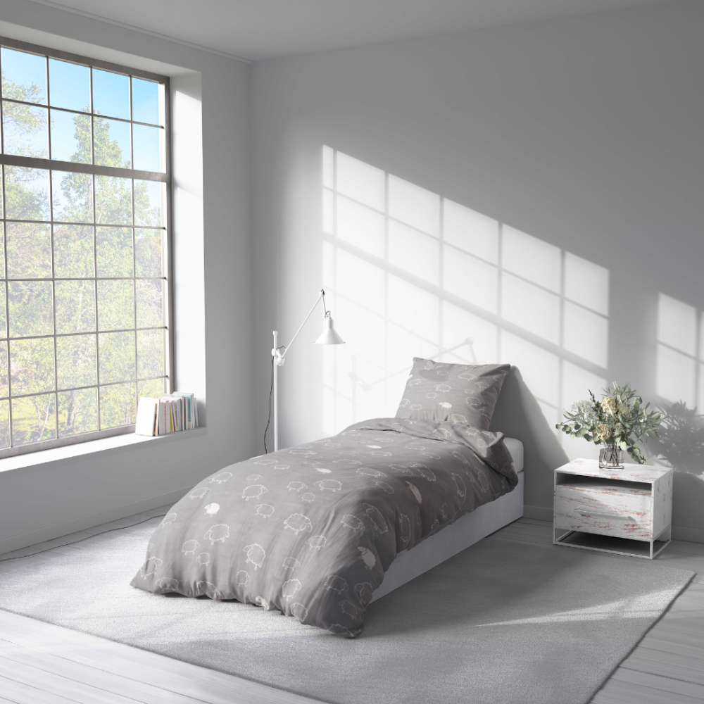 Bettwäsche set "Lunar Sheep". Bettwäsche 155x200, 135/140x200 cm, 150x200 cm, 155/160x200 cm. Helle graue bettwäsche mit schlichtem schafmotiv