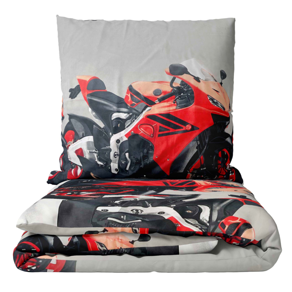 Kinderbettwäsche set "Motorbike". Kinderbettwäsche, 135/140x200 cm. Graue bettwäsche mit auffälligen, großen roten motorrädern für ein auffälliges und dynamisches design.