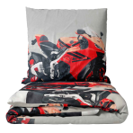 Kinderbettwäsche set "Motorbike". Kinderbettwäsche, 135/140x200 cm. Graue bettwäsche mit auffälligen, großen roten motorrädern für ein auffälliges und dynamisches design.