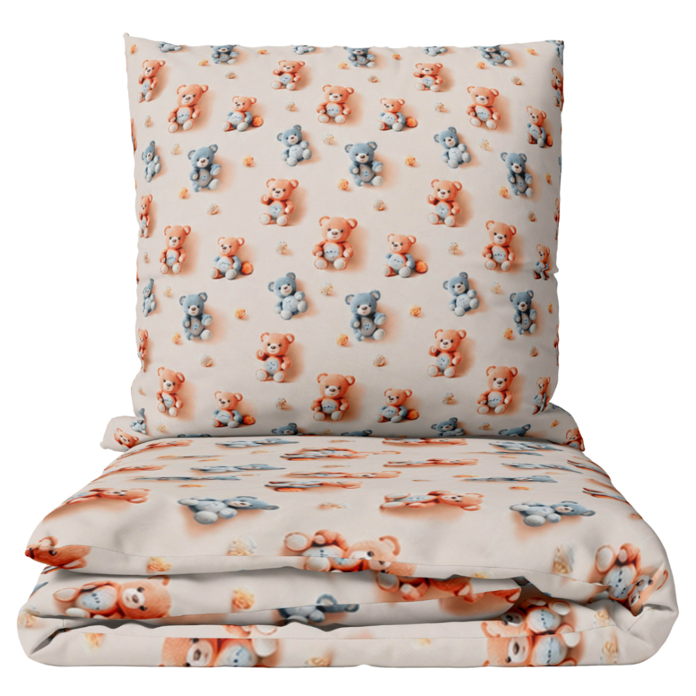 Kinderbettwäsche set "Tiny Crew". Bettwäsche 155x200, 135/140x200 cm, 150x200 cm, 155/160x200 cm. Cremefarbenes bettwäsche-set mit bären in orange und blaugrau. Kinderbettwäsche set "Tiny Crew". Bettwäsche 155x200, 135/140x200 cm, 150x200 cm, 155/160x200 cm. Cremefarbenes bettwäsche-set mit bären in orange und blaugrau.