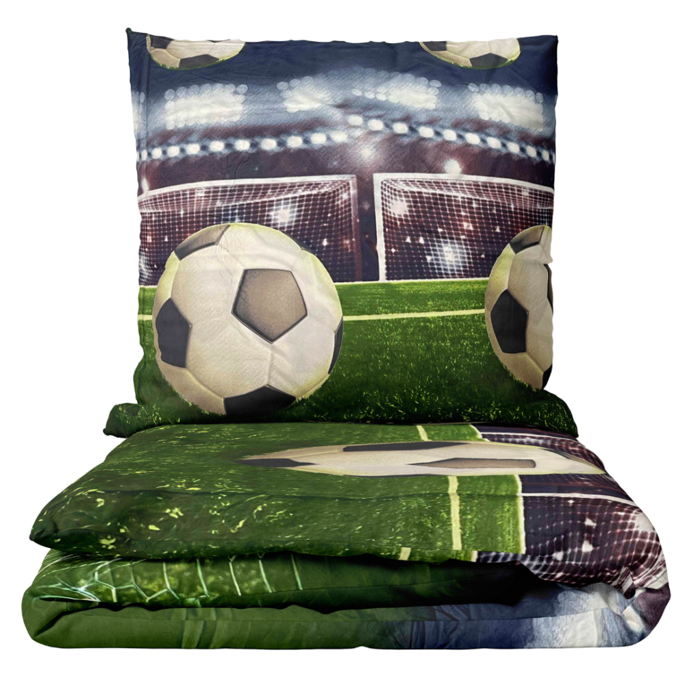 Kinderbettwäsche set "Ultimate Goal". Kinderbettwäsche, 135/140x200 cm. Fußballbälle und tore mit stadionbeleuchtung – verspieltes und energisches design für kinder.