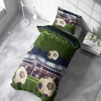 Kinderbettwäsche set "Ultimate Goal". Kinderbettwäsche, 135/140x200 cm. Fußballthema mit kräftigem grünen hintergrund, weißen bällen und toren – perfekt für jugendliche.