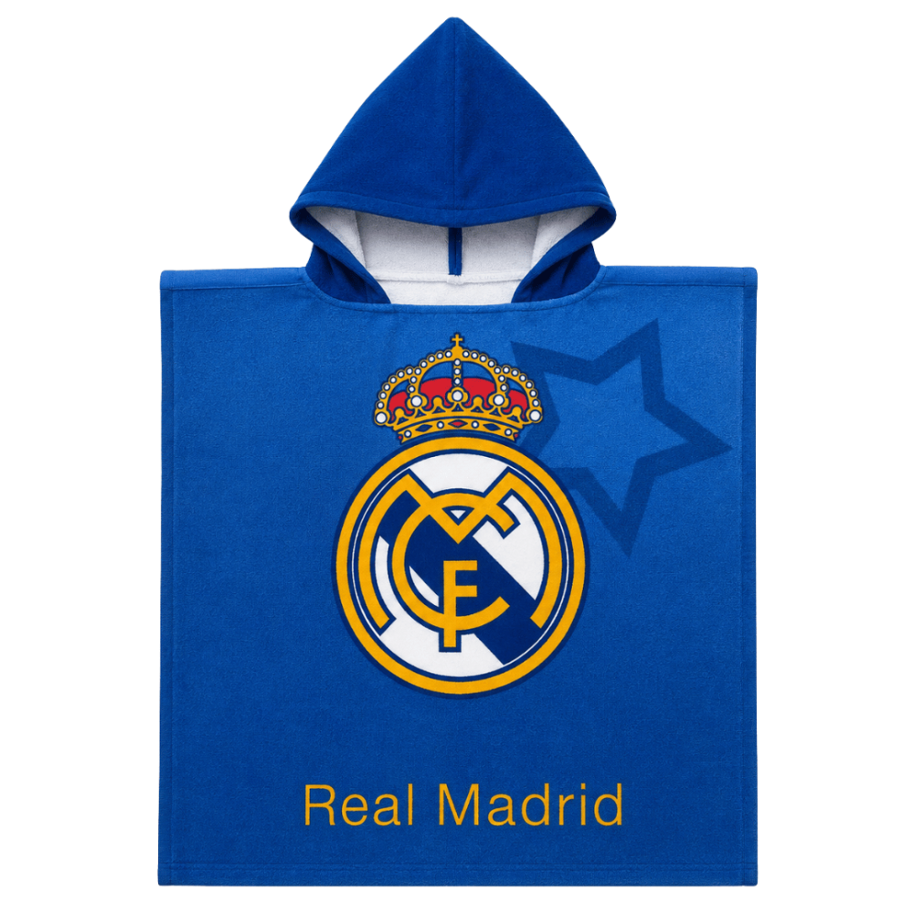Kinder Poncho Handtuch „Real Madrid“. Badaccessoires. Weiches baumwoll-poncho für kinder mit „real madrid“-emblem. Kinder Poncho Handtuch „Real Madrid“. Badaccessoires. Weiches baumwoll-poncho für kinder mit „real madrid“-emblem.