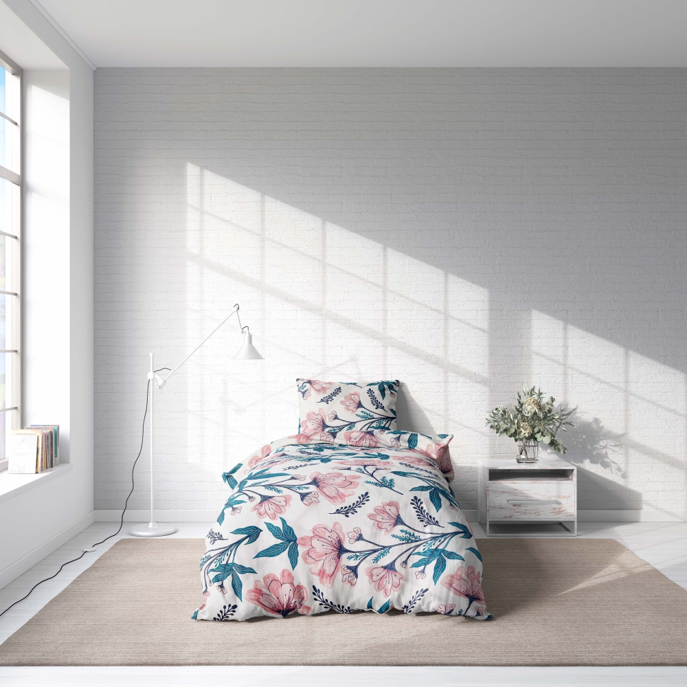 Bettwäsche set "Elegant". Bettwäsche 140x200, 135/140x200 cm. Elegantes weißes bettwäscheset mit grünen blumenstängeln und rosa blüten, perfekt für ein erfrischendes dekor.