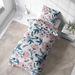 Bettwäsche set "Elegant". Bettwäsche 140x200, 135/140x200 cm. Stilvolles weißes bettwäscheset mit grünen stängeln und rosa blüten, das ein charmantes und natürliches blumendesign bietet.