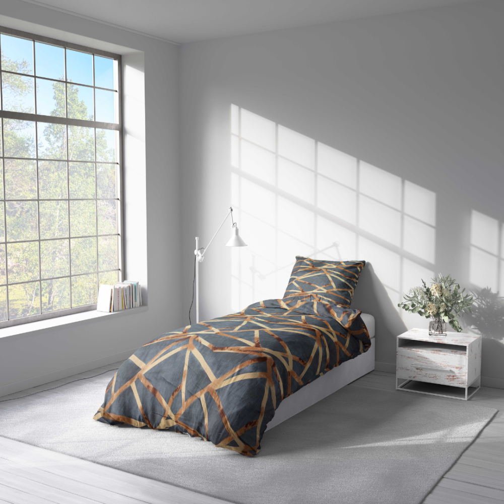 Bettwäsche set "Zafirion". Bettwäsche 155x200, 135/140x200 cm, 150x200 cm, 155/160x200 cm. Graphitton-bettwäsche mit geometrischen akzenten in gold.