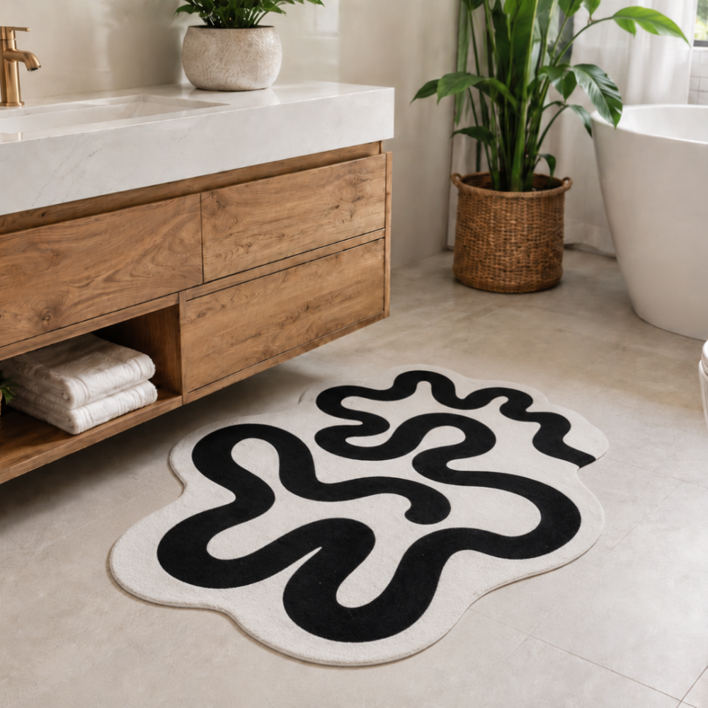 Badematte „Orbit mat“, 58x88 cm. Organisch geformte badematte mit grafischem muster in schwarz und weiß.