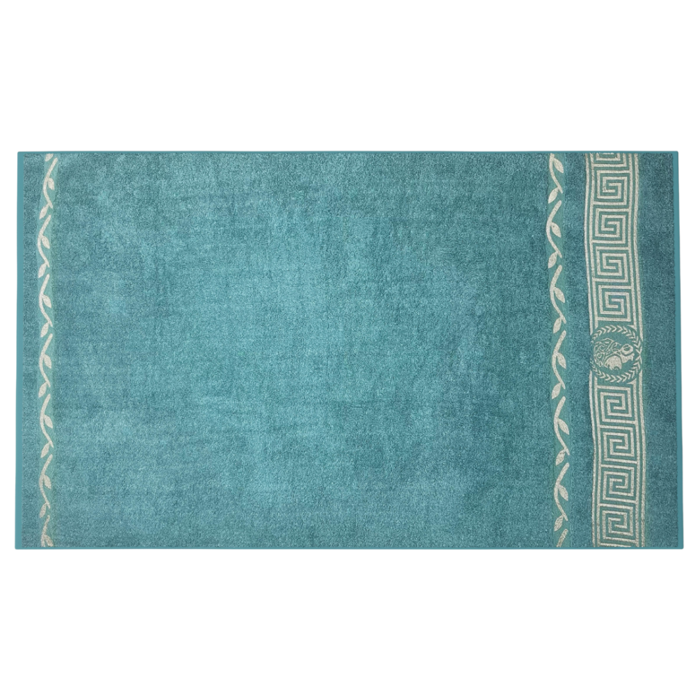 Badetuch „Seafoam olympian“. Badetücher, 70x140 cm. Leuchtend türkisfarbenes handtuch mit klassischem goldenem ornamentstreifen